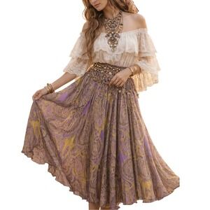 Vintage 90s Boho Fairy Chartreuse & Purple Flowing Paisley Midi Silk Skirt